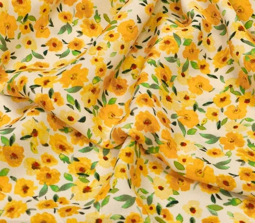 Креп плательно-блузочный "Желтые цветы на молочном фоне", 1052452
