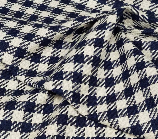 Лен костюмный в клетку, цвет сине-черный меланж/молочный, 1032407-1