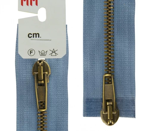 Молния RiRi металл разъём, 2 замка 5 мм 75 см, подвеска АТ, цепь антик медь, цвет 2630, сине-голубой