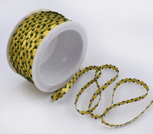 Тесьма PEGA тип вьюнчик люрекс, золото с зеленым, 7 мм