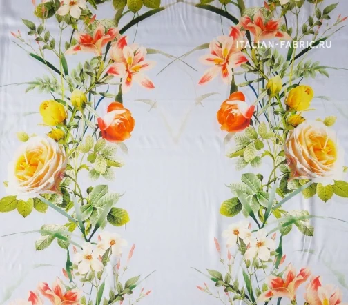 Шелк атласный "Желтые и коралловые розы", фон голубой, 00681