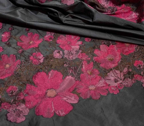 Плащевая ткань "Ярко-розовые цветы на сером", купон, 00803к