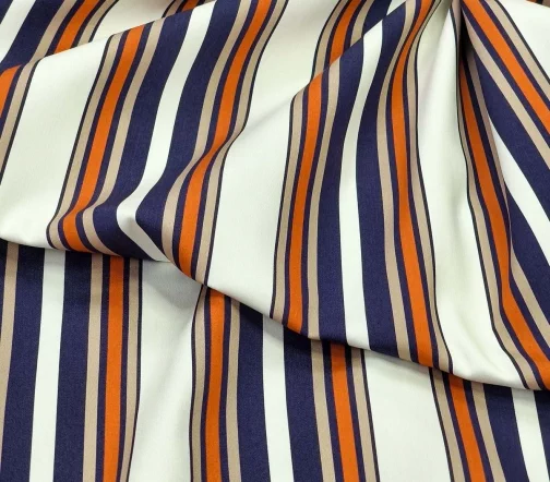 Джинсовая ткань стрейч в полоску, цвет молочный/синий/оранжевый/бежевый, 1032502