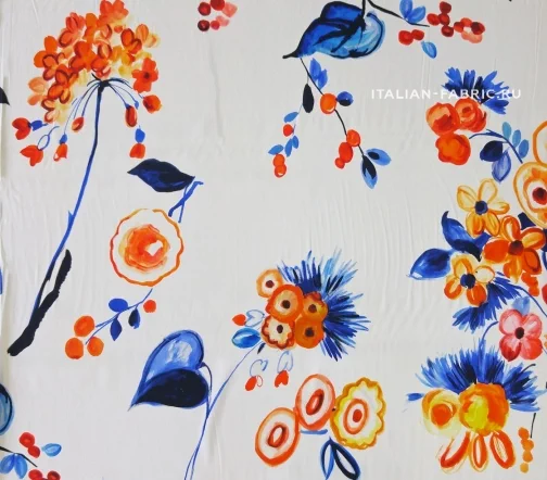 Крепдешин "Облепиха и цветы на белом", 02129