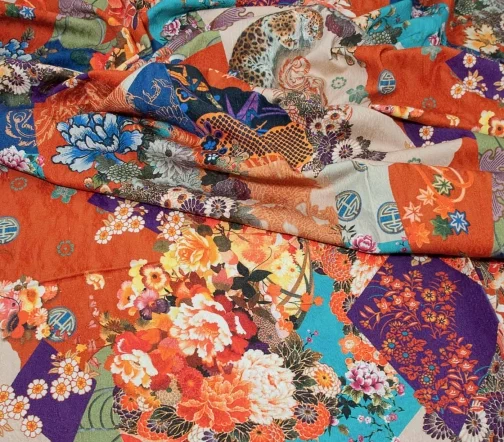 Жаккард стрейч хлопковый "Цветы и геометрия 3D", 00731