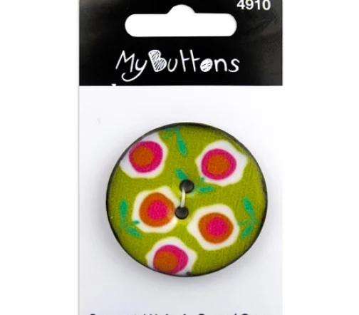 Пуговица "My Buttons" Lime Flowers, 34 мм, 2 отв., кокос, цвет лайм/розовый/зеленый, 630004910