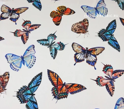 Сатин стрейч "Бабочки крупные", фон белый, 16343-1