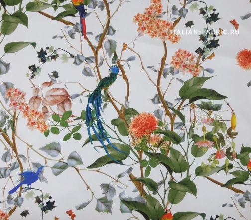 Сатин "Райские птицы", фон белый, 20794-1