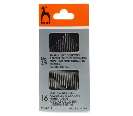 Иглы ручные для вышивания и шитья Crewels, № 3-9, 16 шт., PONY 04311