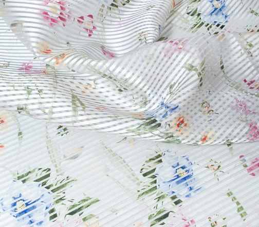 Органза деворе "Нежные цветы и полосы", фон белый, 01133-1