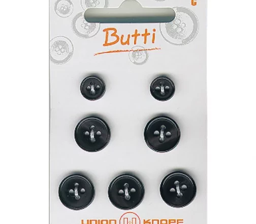 Пуговицы, Union Knopf, 4 отв., пластик, цвет черный, 8 мм,12 мм, 7 шт., 79074