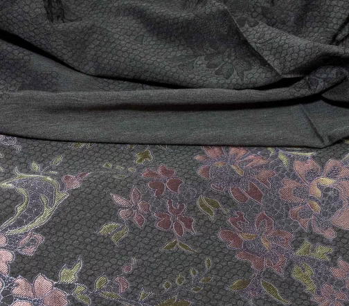 Жаккард купон "Цветы розовые с каймой", фон темно-серый, 01949к-2