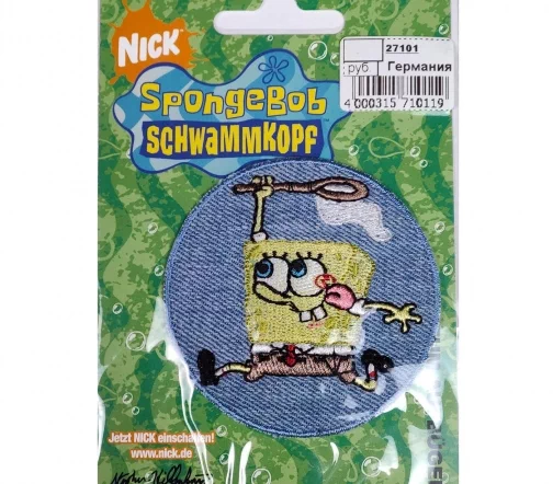 Термоаппликация HKM "Губка Bob" круглая на джинсе, 7 см, арт. 27101