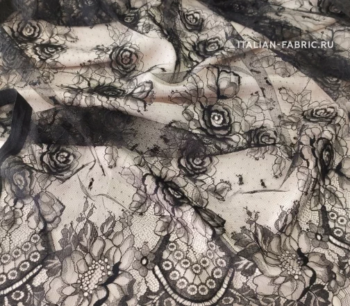 Кружевное полотно с фестонами "Цветы", цвет черный, 1042110-2