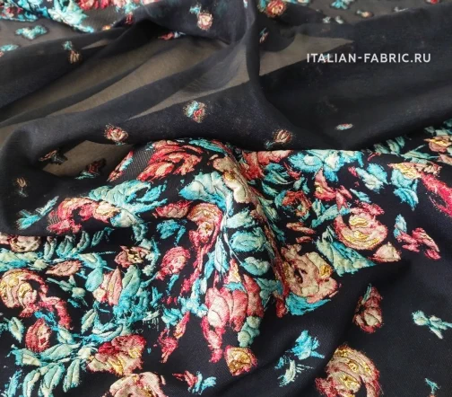 Жаккард купон с органзой "Розочки", фон черный, 1042125к