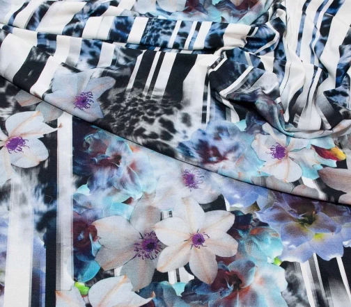 Трикотаж вискозный "3D Цветы и леопарды на полосках", оттенки синего, 01025-1