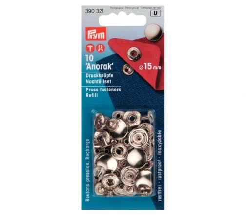 390321 Кнопки Anorak к арт.390301, латунь, цвет серебристый, 15 мм, 10 шт, Prym