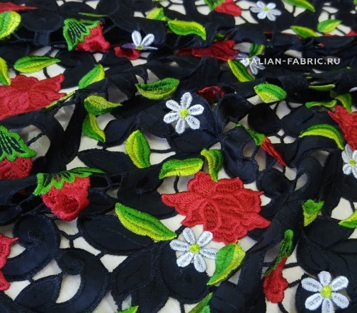 Кружево ришелье "Цветы на черном", 00722-1