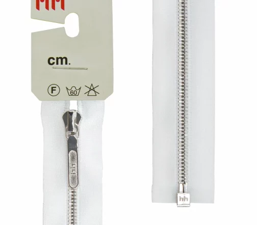 Молния RiRi атласная, металл, разъём, 1 замок 4 мм 60 см, подвеска LANG24, цепь NI, цвет 2101, белый