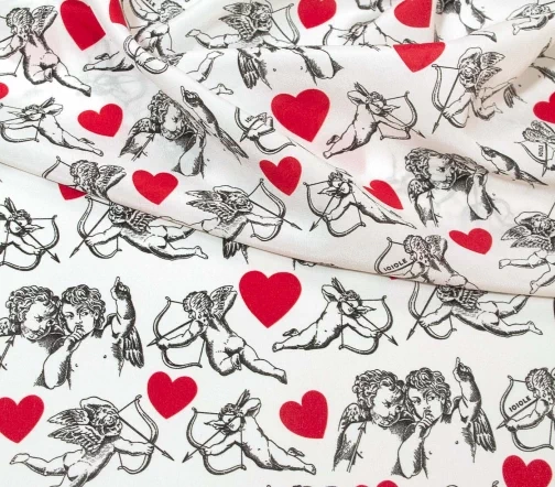 Крепдешин "Купидоны и сердца", фон молочный, 1062203