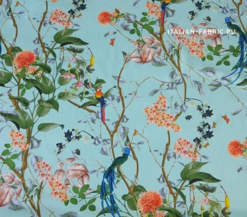 Сатин "Райские птицы", фон мятный, 20794-2