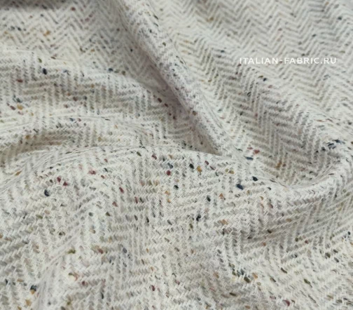 Твид шерстяной костюмный в елочку, цвет молочный с цветными вкраплениями, 1102003