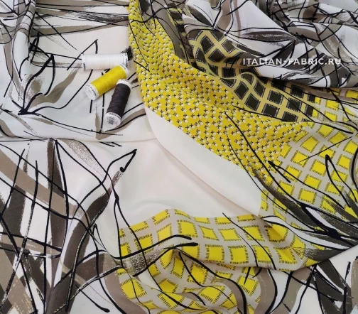 Шелк креповый "Папоротник на клетке", цвет желтый, 01260-1