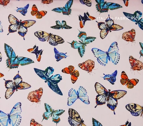 Шелк креповый "Бабочки мелкие", фон розовый, 16332-2