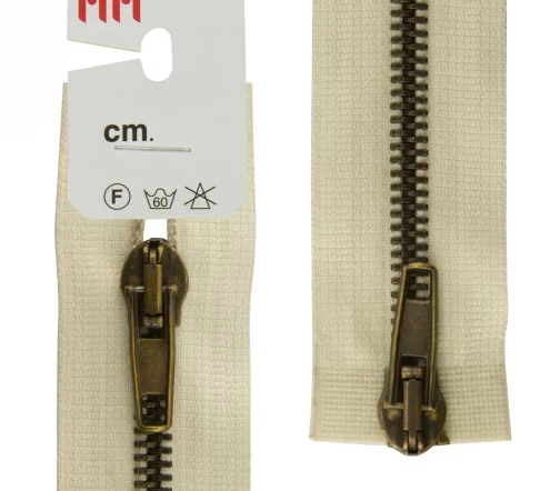 Молния RiRi металл разъем, 2 замка 5 мм 75 см, подвеска АТ, цепь антик медь, цвет 2111, бело-беж.св.