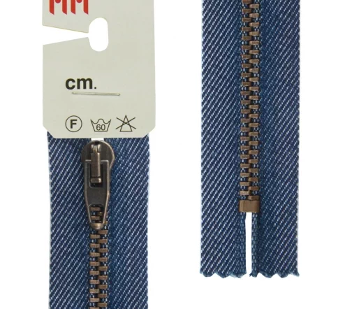 Молния RiRi джинс, металл неразъём, 4 мм 18 см, подвеска AT, цепь антик медь, цвет 8002, синий джинс