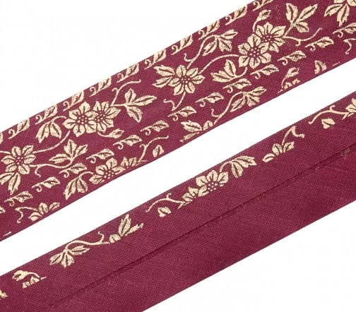 Косая бейка SAFISA с цветочный узором, 30 мм, цвет 116, бордо/золото