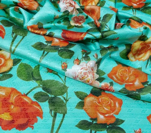 Шелк жаккардовый "Оранжевые розы на бирюзе", 00033-1