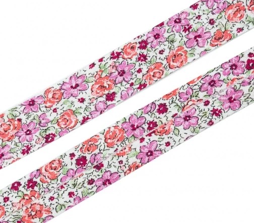 Косая бейка SAFISA с цветами, 20 мм, цвет 01, розовый/белый