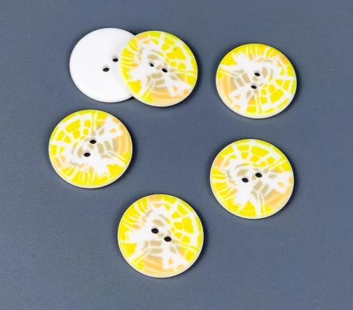 Пуговицы, Union Knopf, "Круглые с желто-оранжевый декупаж", 2 отв., пластик, 20 мм