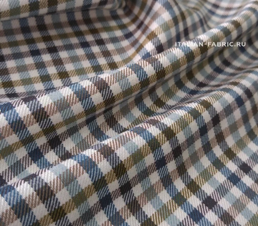 Плательно-костюмный хлопок "Клеточка", синий/коричневый/молочный, 46657-2