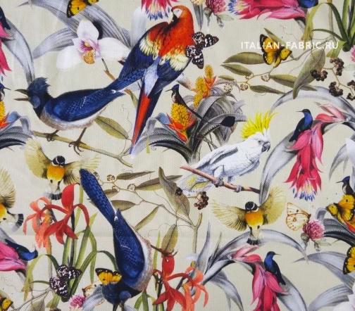 Хлопок-пике "Флора и фауна", фон песочный, 00795-2