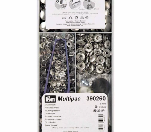 390260 Кнопки ANORAK, латунь, цвет серебристый, 15 мм, 100 шт., Prym