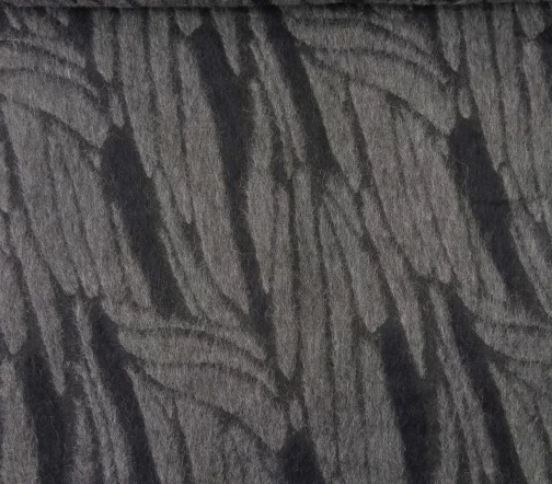 Пальтовая ткань с мохером "Серые перышки", фон черный, 00584-2