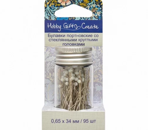 HGC679.01 Булавки портновские со стеклян. головками в баночке, 34мм, цв. белый, 95шт, Hemline Hobby