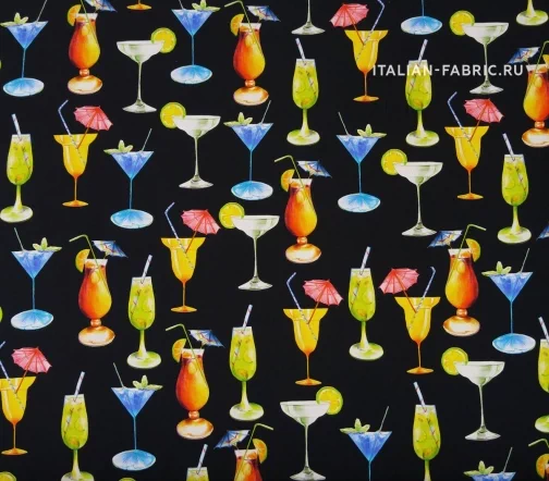 Шелк креповый "Коктейли", фон черный, 02117