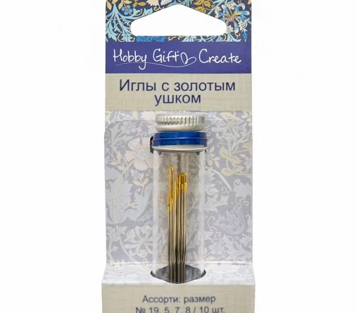 HGC214G.01 Иглы ручные с золотым ушком, ассорти, в баночке, №19,5,7,8, 10 шт, Hemline Hobby