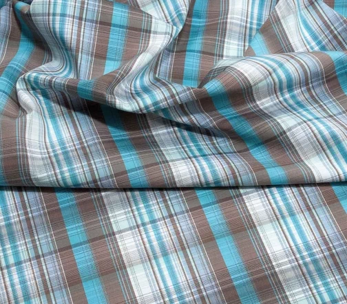 Сорочечный хлопок стрейч в клетку, цвет бирюзовый/коричневый/молочный, 1092211