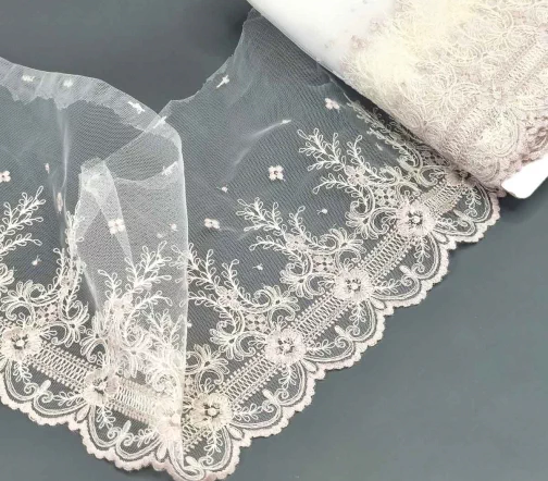 Кружево IEMESA (вышивка на тюле), ширина 17,4 см, цвет бежево-сиреневый