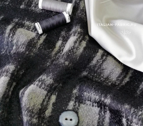 Шерсть пальтовая с мохером в черно-серую клетку, 00829