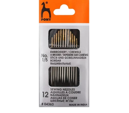 Иглы ручные для вышивания и шитья Crewels с золотым ушком, № 1-5, 12 шт., PONY 04363