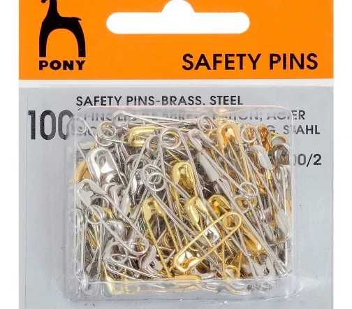 Булавки английские №000/2 (19/38 мм), металл, цвет золото/никель, 100 шт., PONY 84238