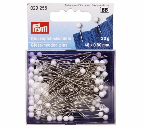 029255 Булавки со стеклянными головками, белый цвет, 48х0,80 мм, Prym