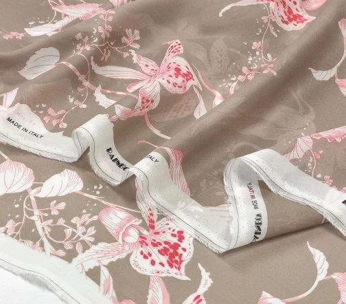 Шифон креповый "Орхидеи", фон бежевый, 1112405-1