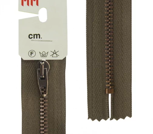 Молния RiRi металл неразъёмная, 4 мм 18 см, подвеска АТ, цепь антик медь, цвет 2817, темный хаки