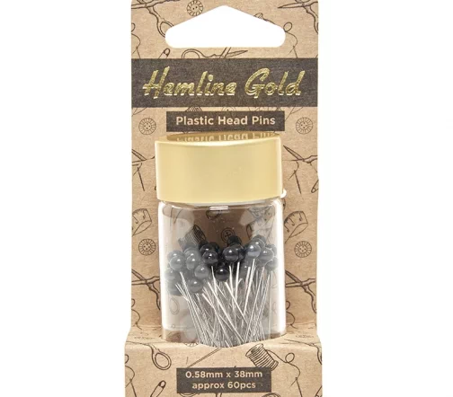 678.BK.HG Булавки удлиненные с черными пластиковыми головками в баночке, 38мм, 60шт, Hemline Gold